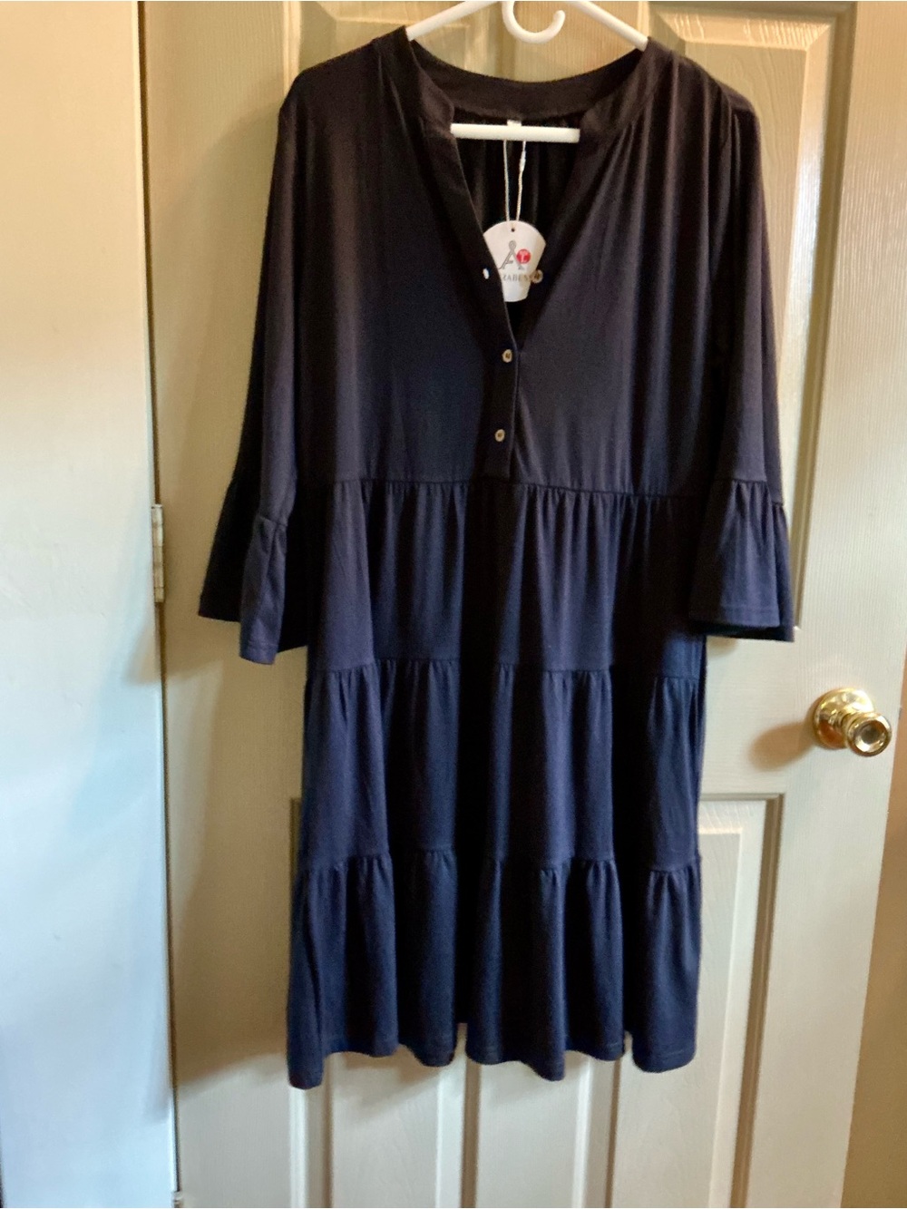 Tiered black Long-Sleeve Henley Dress with bell sleeves NWT large